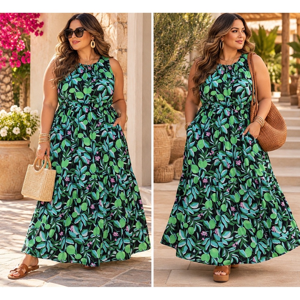 Ava & Viv Womens 1X Green Tropical Leaf Citrus Print Tiered Maxi Dress Pockets